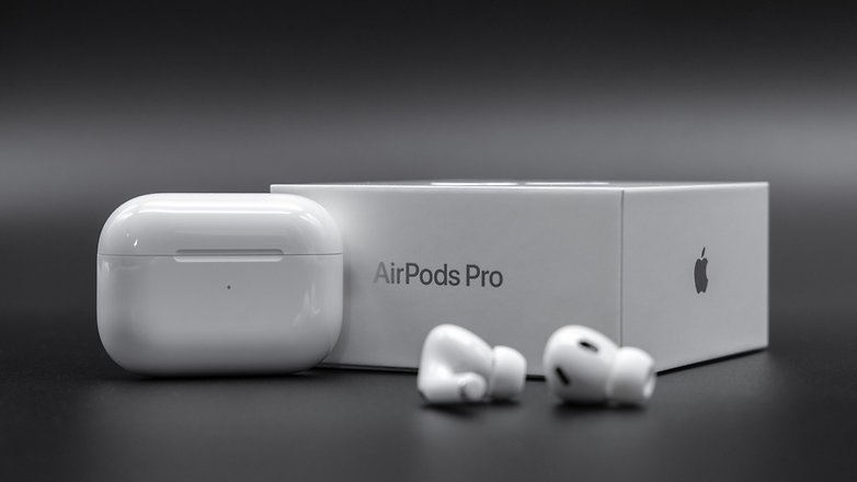 Apple AirPods Pro 2 device sided by the box and the charging case. Apple AirPods Pro 2 device sided by the box and the charging case.