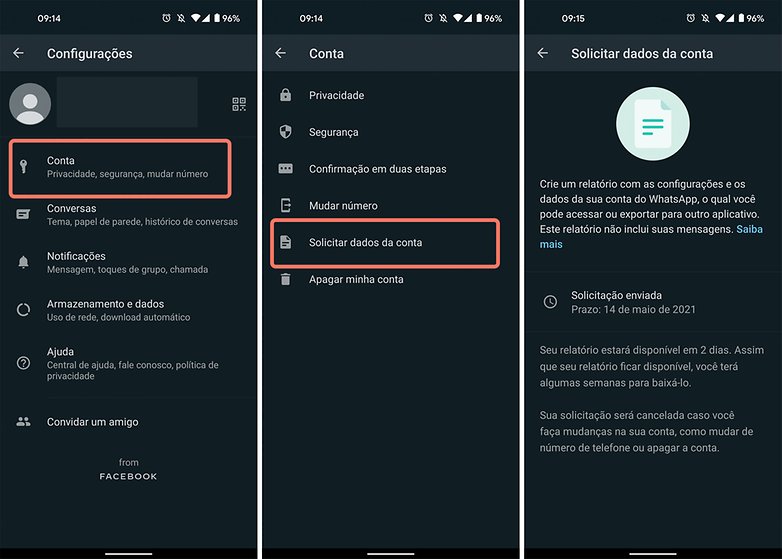 Facebook WhatsApp solicitar relatorio