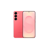 Smartphone Samsung Galaxy S25 Plus em rosa, mostrando a frente e o verso com três câmeras traseiras.
