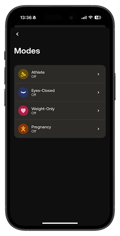 Mobile Schnittstelle mit Anzeigemodi für Withings Body Scan: Sportler, Augen geschlossen.