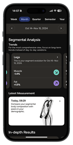 Mobile App-Schnittstelle mit Segmentanalyse für Trends in der Körperzusammensetzung.