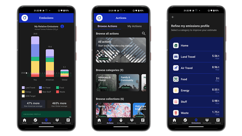 Drei Smartphone-Bildschirme, die Emissionsdaten und Kategorisierungsoptionen anzeigen. Drei Smartphone-Bildschirme, die Emissionsdaten und Kategorisierungsoptionen anzeigen.
