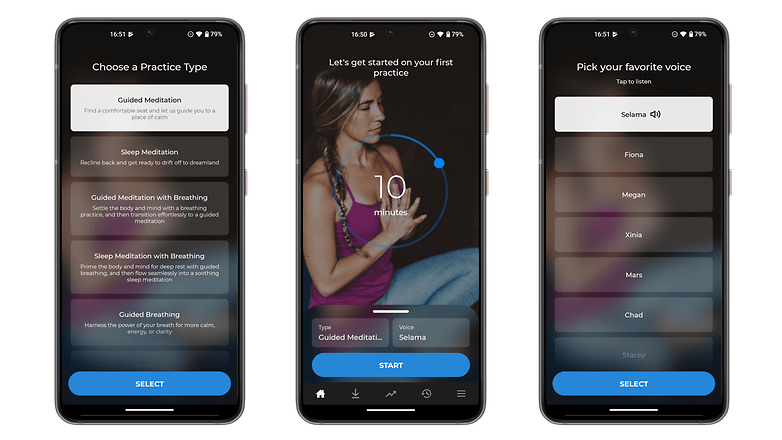 Três telas de smartphone mostrando um aplicativo de meditação com opções para práticas guiadas e seleção de voz.