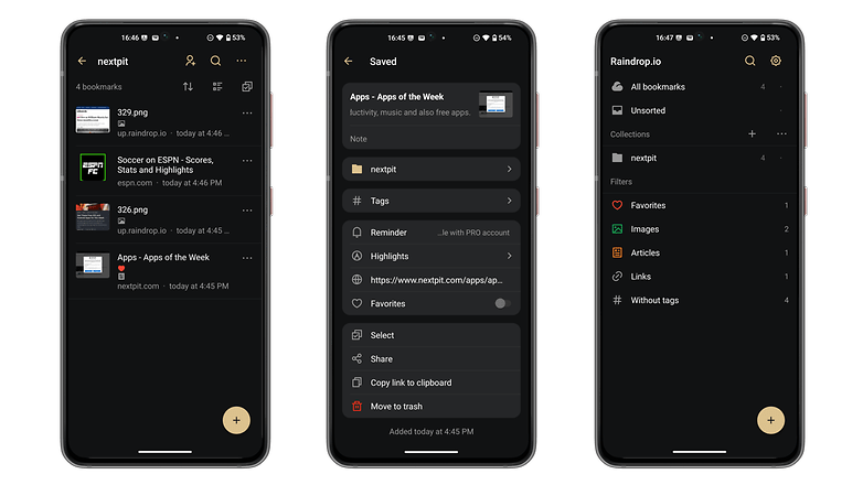 Três telas de smartphone mostrando favoritos e itens salvos em uma interface do app Raindrop.io. Três telas de smartphone mostrando favoritos e itens salvos em uma interface do app Raindrop.io.