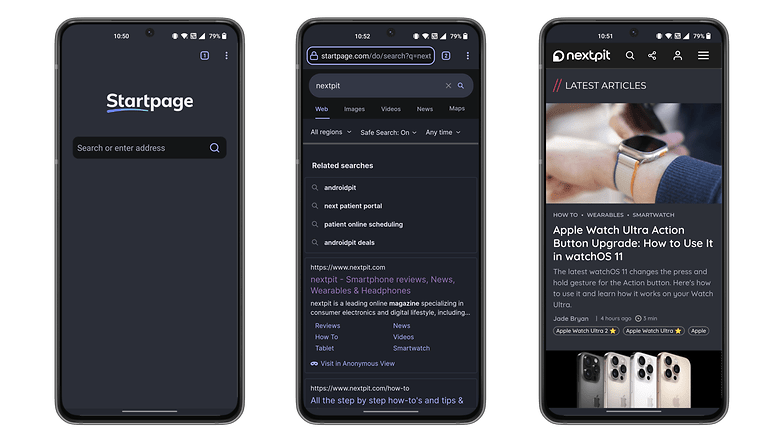 Capturas de tela que mostram o layout do aplicativo Startpage. Capturas de tela que mostram o layout do aplicativo Startpage.