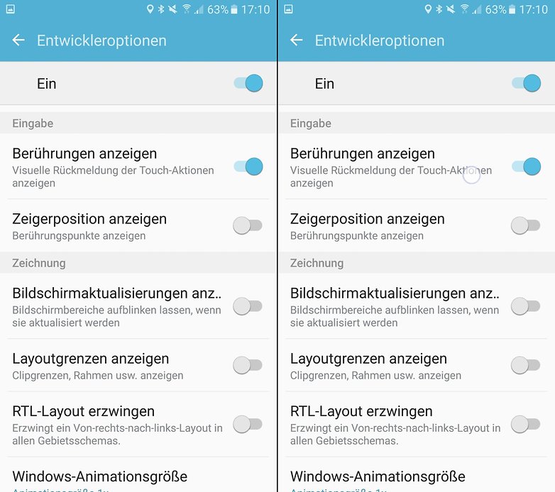 Entwickleroptionen-Menü auf einem Android-Gerät mit Umschaltoptionen für Berührungsfeedback, Zeigerposition und Layoutanzeige. Entwickleroptionen-Menü auf einem Android-Gerät mit Umschaltoptionen für Berührungsfeedback, Zeigerposition und Layoutanzeige.