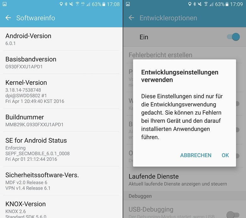 Softwareinformationsbildschirm mit Android-Version 6.0.1 und Entwickleroptionen. Softwareinformationsbildschirm mit Android-Version 6.0.1 und Entwickleroptionen.