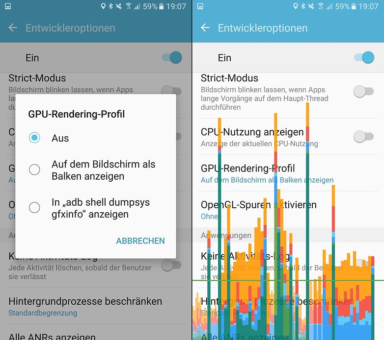 Entwickleroptionen-Menü mit Einstellungen zum GPU-Rendering-Profil. Entwickleroptionen-Menü mit Einstellungen zum GPU-Rendering-Profil.