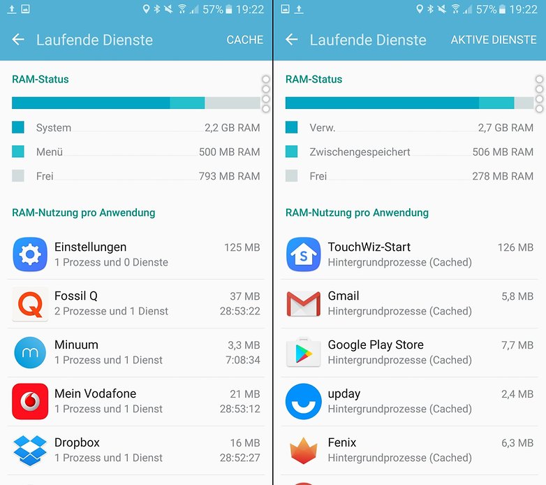 RAM-Nutzungsstatus und Anwendungsprozesse auf einem mobilen Gerät. RAM-Nutzungsstatus und Anwendungsprozesse auf einem mobilen Gerät.