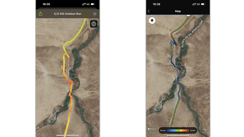 A gauche l'Apple Watch, à droite la Garmin Forerunner 955 - même les parcours complexes sont presque identiques lorsqu'on les observe en gros plan Apple Watch Ultra