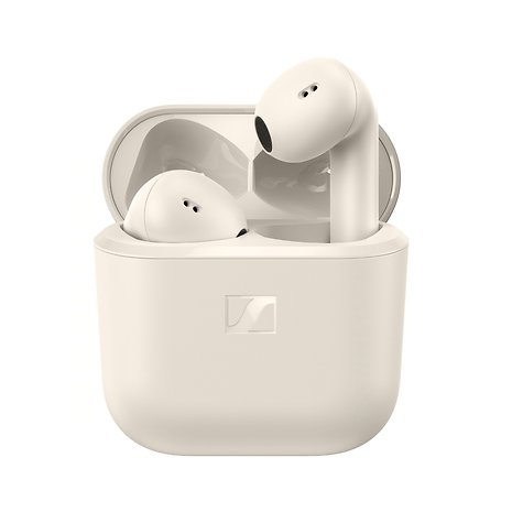 Sennheiser-Ohrhörer in einem Ladecase, mit offenem Deckel.