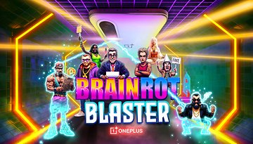 Une couverture de jeu colorée pour 'Brain Rot Blaster' avec divers personnages et le logo OnePlus.