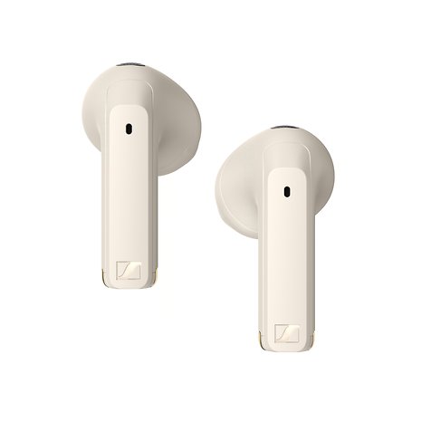 Sennheiser-Ohrhörer in beiger Farbe, seitliche und obere Ansicht.