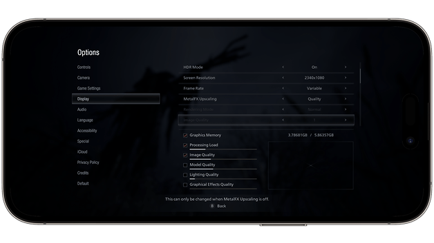 Ein Screenshot der Grafikeinstellungen von Resident Evil: Village auf dem iPhone 15 Pro Max