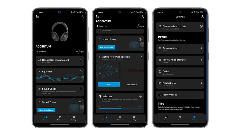 Captures d'écran de l'application Sennheiser Smart Control montrant la page d'accueil et les réglages du Sennheiser Accentum Wireless Captures d'écran de l'application Sennheiser Smart Control montrant la page d'accueil et les réglages du Sennheiser Accentum Wireless