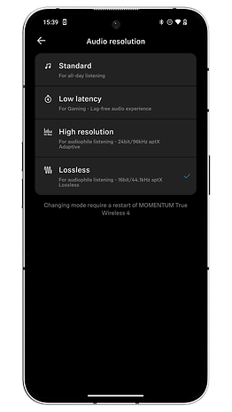 Capture d'écran de l'application Smart Control des écouteurs Sennheiser Momentum True Wireless 4