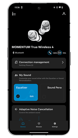 Capture d'écran de l'application Smart Control des écouteurs Sennheiser Momentum True Wireless 4