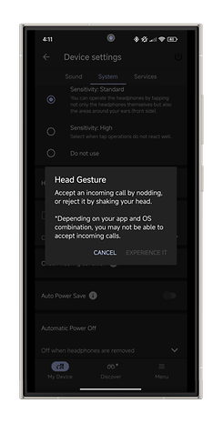 Écran des paramètres de l'application Sony Sound Connect, montrant les options de sensibilité et la fonction de geste de tête.