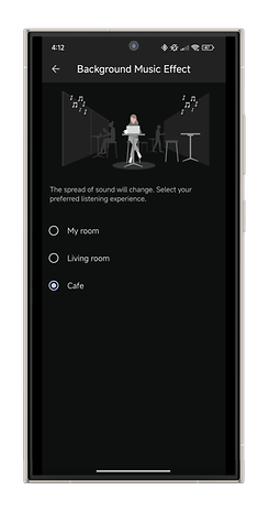 Écran montrant les options d'effet musical de fond de l'application Sony Sound Connect : Ma chambre, Salon, Café.