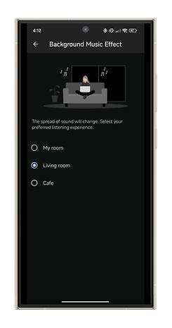L'application Sony Sound Connect affichant les paramètres des effets musicaux d'arrière-plan avec options de sélection de pièces.