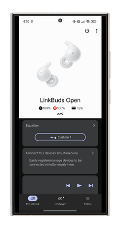 Capture d'écran de l'application Sony Sound Connect affichant les LinkBuds Open avec état de la batterie et paramètres.