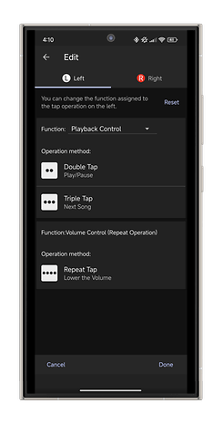 Écran de paramètres de l'application Sony Sound Connect pour les options de lecture et de contrôle du volume.