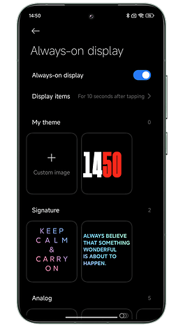 Capture d'écran de Xiaomi HyperOS montrant les réglages de l'Always on Display