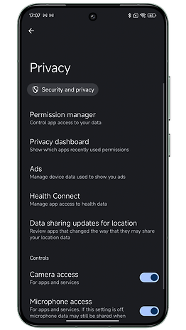 Capture d'écran de Xiaomi HyperOS montrant les paramètres de sécurité et confidentialité