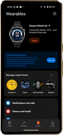 Tela da Xiaomi Watch S4 mostrando bateria a 65%.