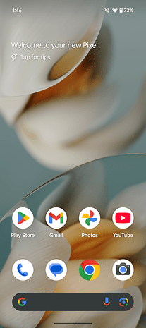 Tela inicial do Google Pixel 9a com ícones de aplicativos e mensagem de boas-vindas.