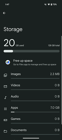 Interface de armazenamento do Google Pixel 9a mostrando 20 GB usados de um total de 128 GB.