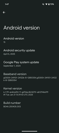 Interface de versão do Android mostrando a versão 15, atualizações, banda base, kernel e número da compilação.
