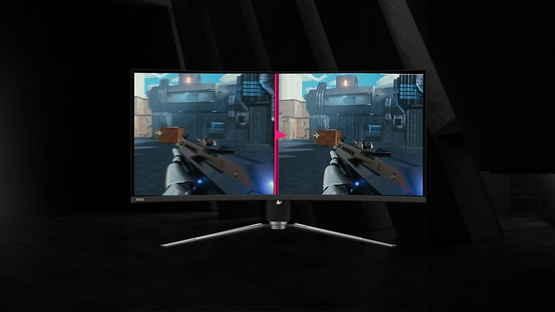 MSI MPG 341CQPX QD OLED-Gaming-Monitor zeigt ein geteiltes Bildschirm-First-Person-Shooter-Gameplay. MSI MPG 341CQPX QD OLED-Gaming-Monitor zeigt ein geteiltes Bildschirm-First-Person-Shooter-Gameplay.