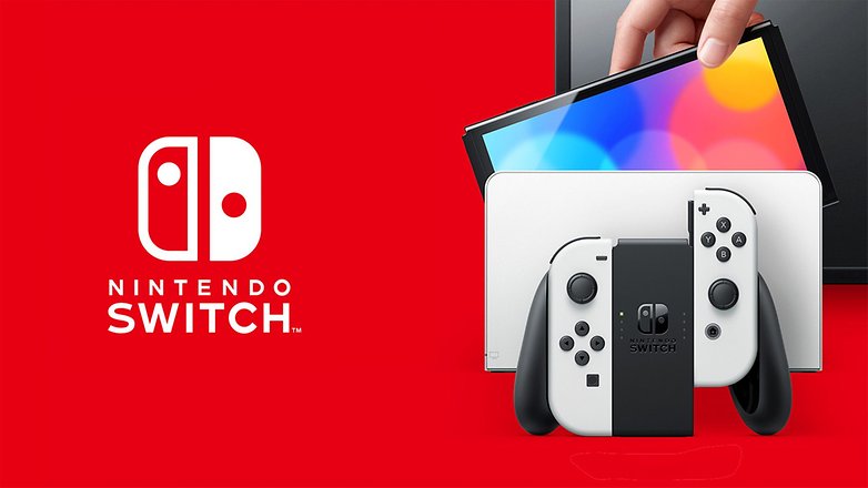 Nintendo Switch OLED vor rotem Hintergrund Nintendo Switch OLED vor rotem Hintergrund