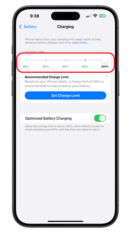 iPhone battery settings showing charging limit options and optimized battery charging feature.