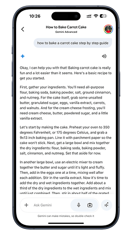 Un écran de smartphone affichant une recette pour cuire un gâteau aux carottes avec des instructions détaillées.