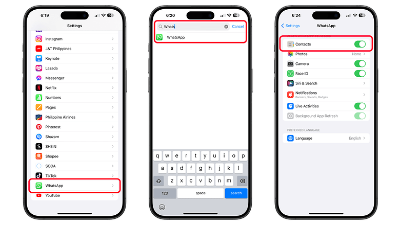 Vérifiez bien que l'autorisation pour les contacts est activée dans les paramètres de l'application WhatsApp.