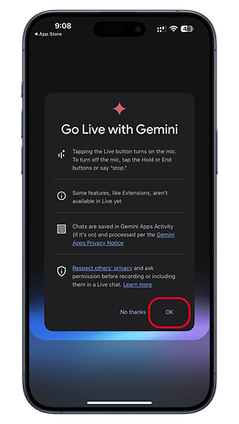 Écran Go Live avec Gemini, instructions pour utiliser la fonction Live et avis de confidentialité.