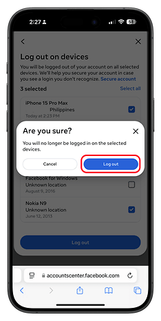 Logout confirmation screen on a mobile device showing selected devices and options to log out.
