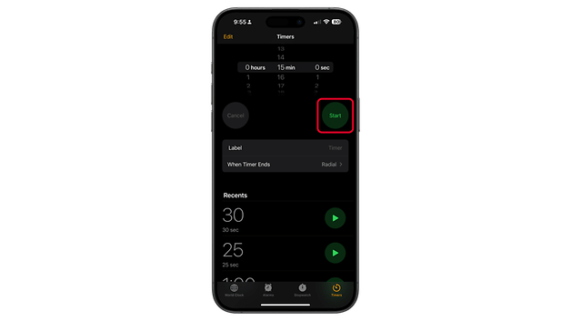 Ein iPhone-Bildschirm zeigt die Timer-App mit hervorgehobenem 'Start'-Button.