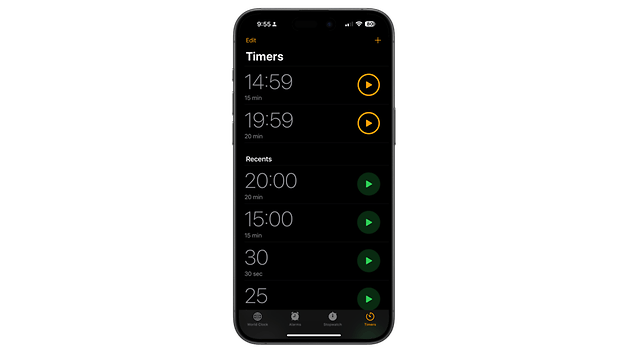 iPhone-Bildschirm zeigt die Timer-App mit verschiedenen Timer-Einstellungen und Optionen.