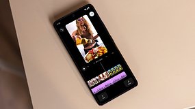 A smartphone displaying a video editing interface with food content and timeline features.