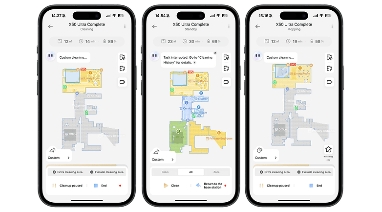 Three smartphone screens displaying the Dreame X50 Ultra cleaning app with maps and status details. Three smartphone screens displaying the Dreame X50 Ultra cleaning app with maps and status details.