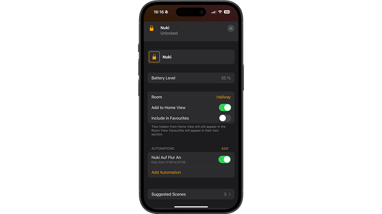 Nuki Smart Lock Pro 5.0 App- Bildschirm zeigt entsperrten Status und Batteriestand von 35%. Nuki Smart Lock Pro 5.0 App- Bildschirm zeigt entsperrten Status und Batteriestand von 35%.