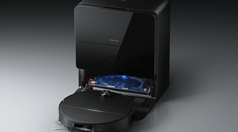 Roborock Saros 10 robot vacuum cleaner with a sleek black design and automatic cleaning station. Roborock Saros 10 robot vacuum cleaner with a sleek black design and automatic cleaning station.
