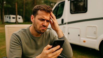 Ein Mann sitzt vor einem Wohnmobil und schaut verärgert auf sein Handy
