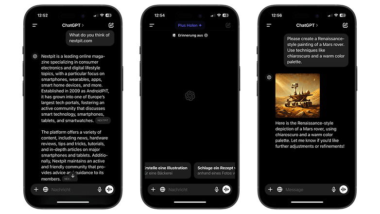 Drei Smartphone-Bildschirme zeigen ChatGPT-Gespräche über NextPit und eine Anfrage für ein Mars-Rover-Gemälde. Drei Smartphone-Bildschirme zeigen ChatGPT-Gespräche über NextPit und eine Anfrage für ein Mars-Rover-Gemälde.